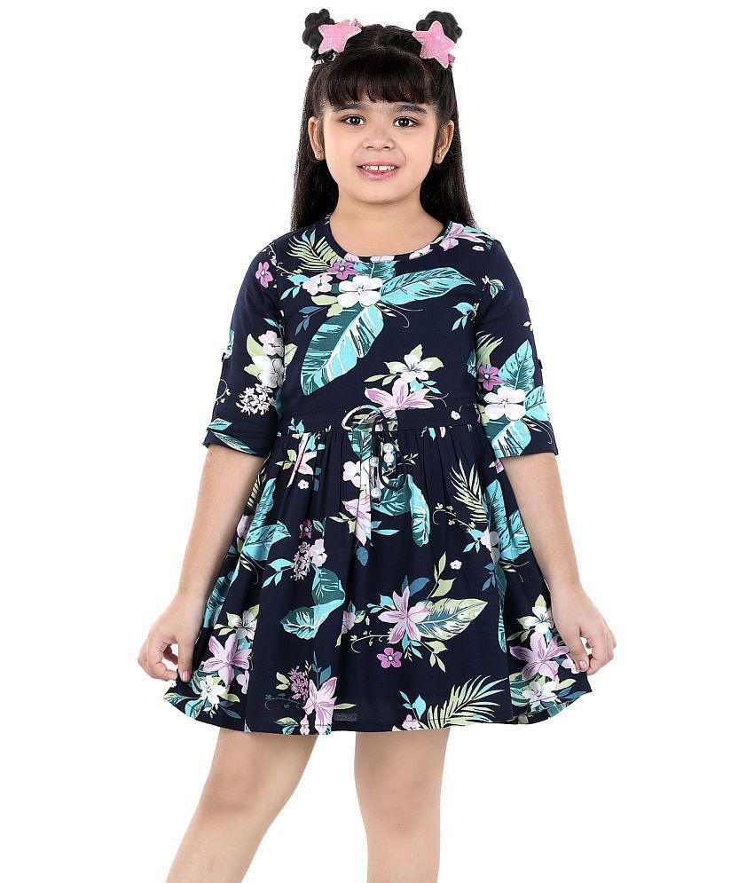 Naughty Ninos Girls Navy Blue Floral Printed Fit & Flared Dress - None