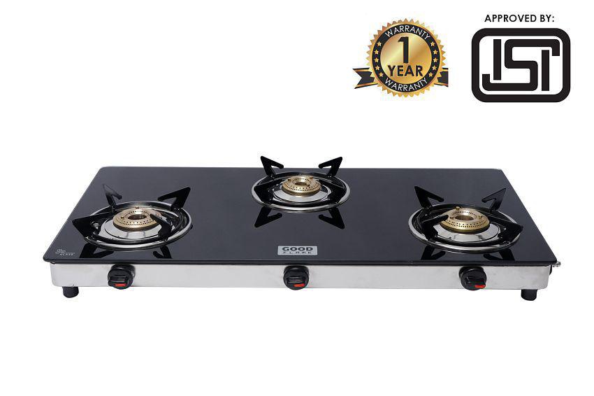 Goodflame Slim 3B Ss Bk Toughened Glass 3 Brass Burner Gas Stove(Manual Ignition,Black) - Silver