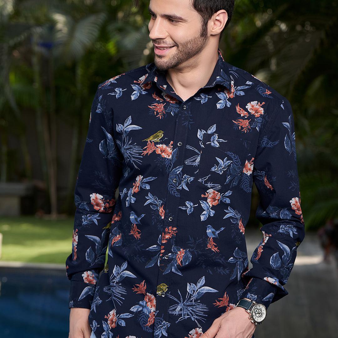 Men Blue Slim Fit Printed Pure Cotton Shirt-S