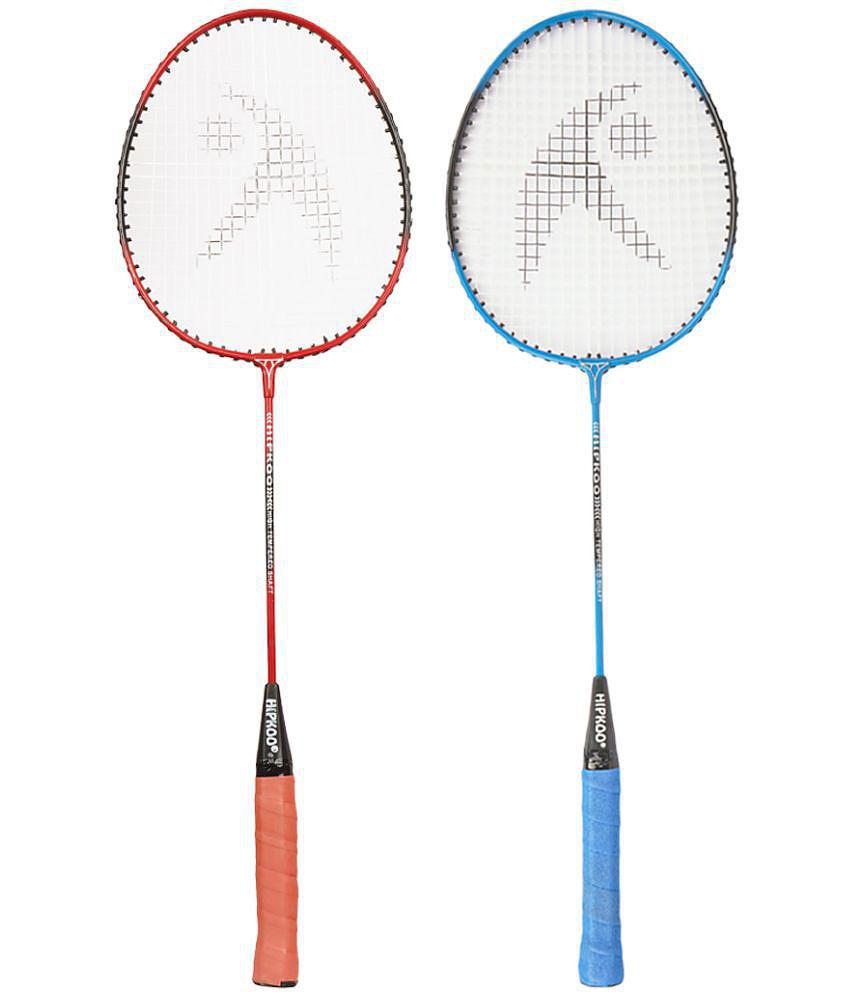 Hipkoo Sports Star Aluminum Badminton Complete Racquets Set | 2 Wide Body Rackets and 3 Feather Shuttlecocks | Ideal for Beginner | Flexible, Lightweight & Sturdy (Blue & Red, Set of 2)