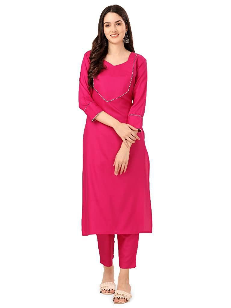 VEEKEEDA Womens Regular Plain V-Neck Straight Rayon Cotton Stitched Kurti with Bottom (XXL): PINK - XXL