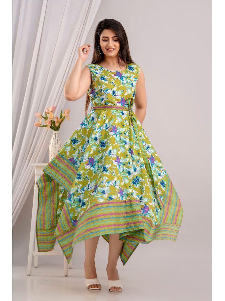 Stylish Men Frionkandy Cotton Printed Ankle Length Womens Asymmetric Dress - Green ( Pack of 1 )