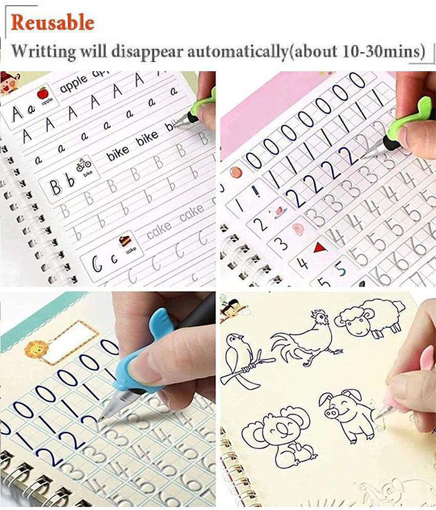 Sank Magic Practice Copybook, Number Tracing Book for Preschoolers with Pen, Magic Calligraphy Copybook Set Practical Reusable Writing Tool Simple Hand Lettering (4 Books + 5 Refill)