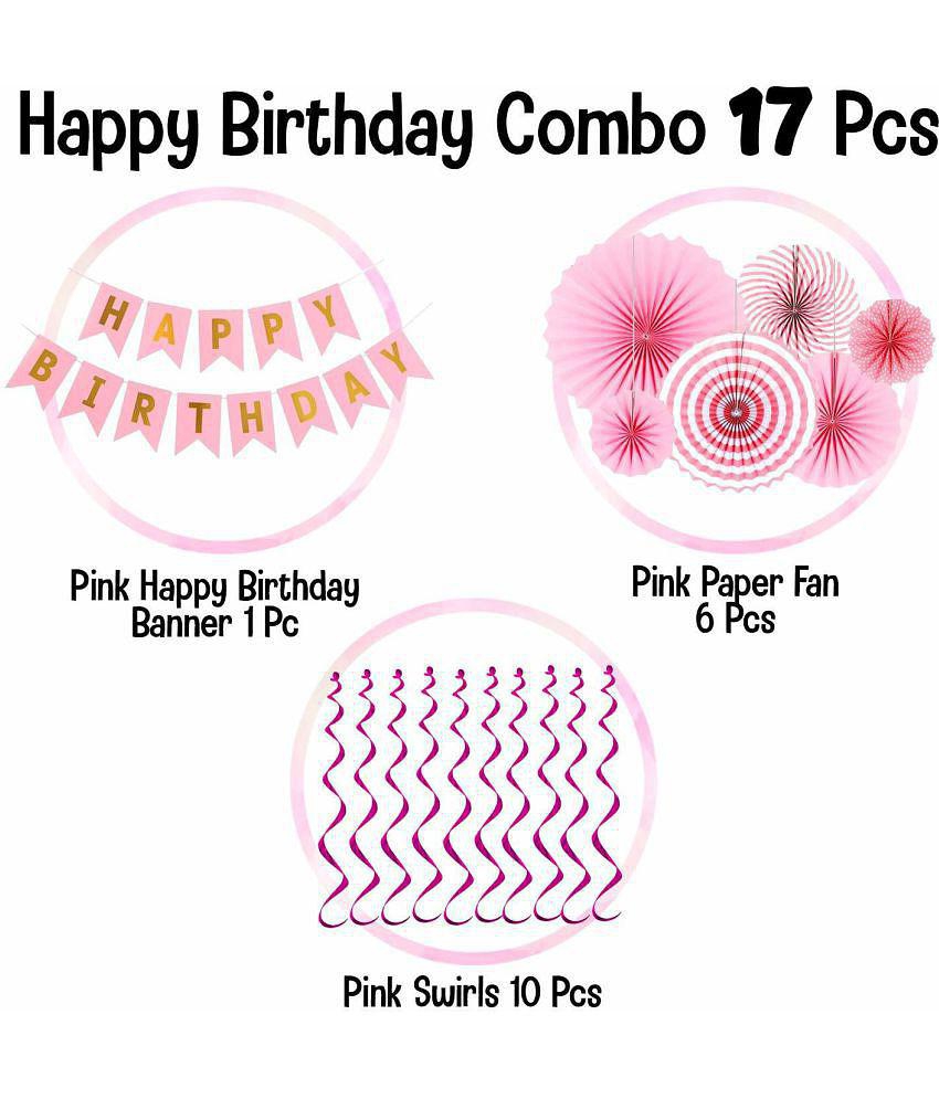 Party Propz Birthday Decoration Kit for Girl -17Pcs Pink Birthday ;Paper Fan;Swirls for Girls Decoration;Pink Happy Birthday Decorations Combo,Quarantine Theme Decorations/Paper Fan;Swirls -