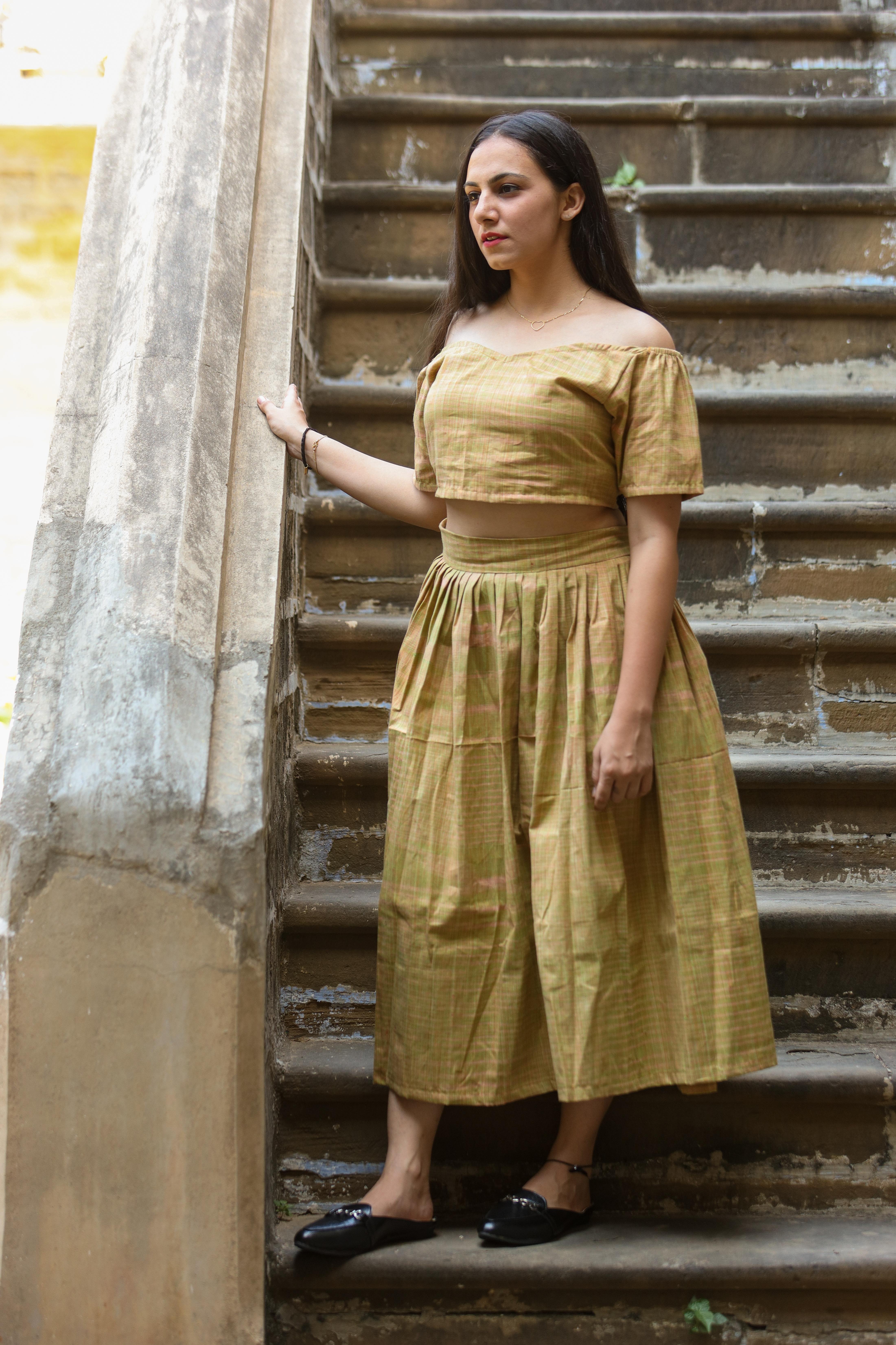 Karvi-Off Shoulder Crop Top & Skirt (Khadi)