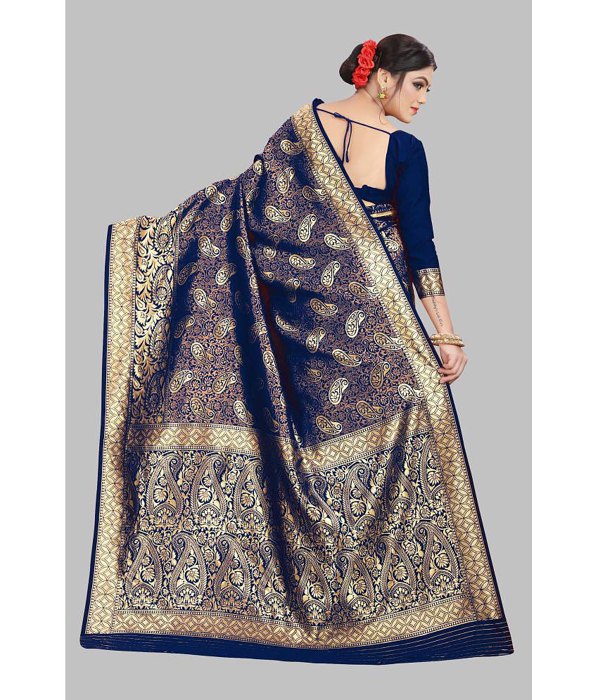 Om Shantam Sarees - Navy Blue Art Silk Saree With Blouse Piece ( Pack of 1 ) - Navy Blue