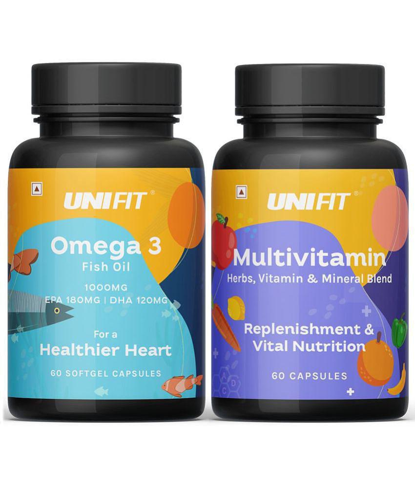 Unifit Omega 3 Fish Oil 1000mg Capsules and Multivitamin Capsules for Men and Women for Stamina, Immunity and healthy Heart (120 Capsules- Pack of 2)