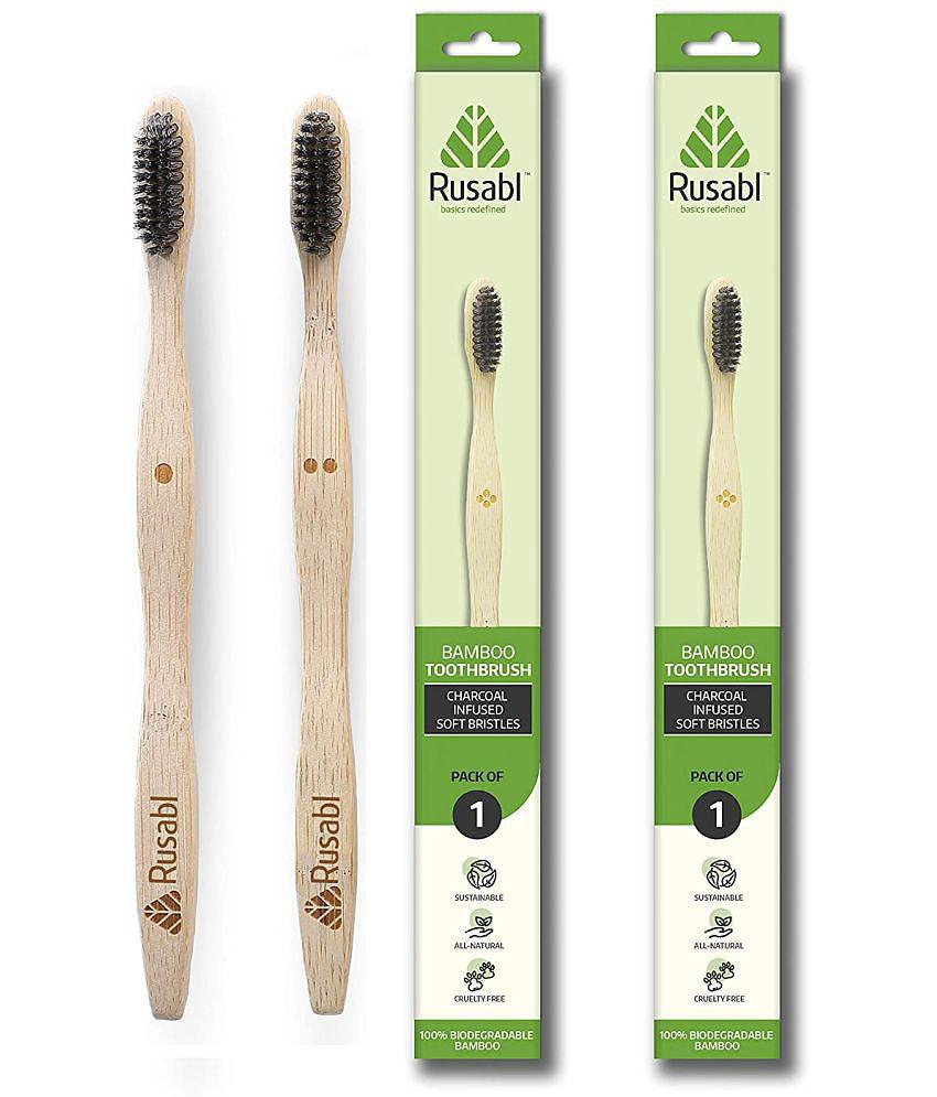 Rusabl Bamboo Toothbrush with Charcoal Activated Soft Bristles antibacterial and biodegradable- Adult Pack (2 Adult Bamboo Toothbrush)