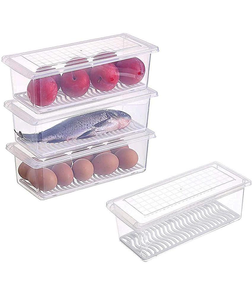 SHARUJA Fridge Storage Boxes Fridge Organizer with Removable Drain Plate and Lid for Fish, Meat, Vegetables, Fruits (1500ML Each) - Pack of 4 - White