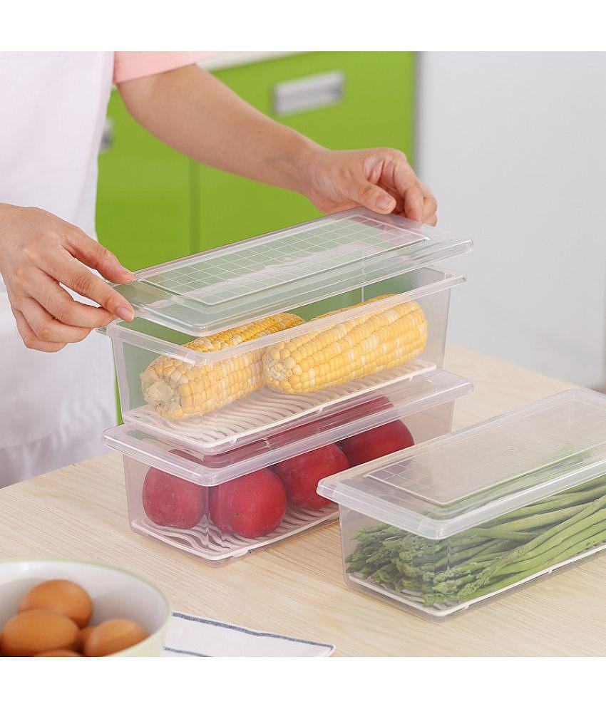 SHARUJA Fridge Storage Boxes Fridge Organizer with Removable Drain Plate and Lid for Fish, Meat, Vegetables, Fruits (1500ML Each) - Pack of 4 - White