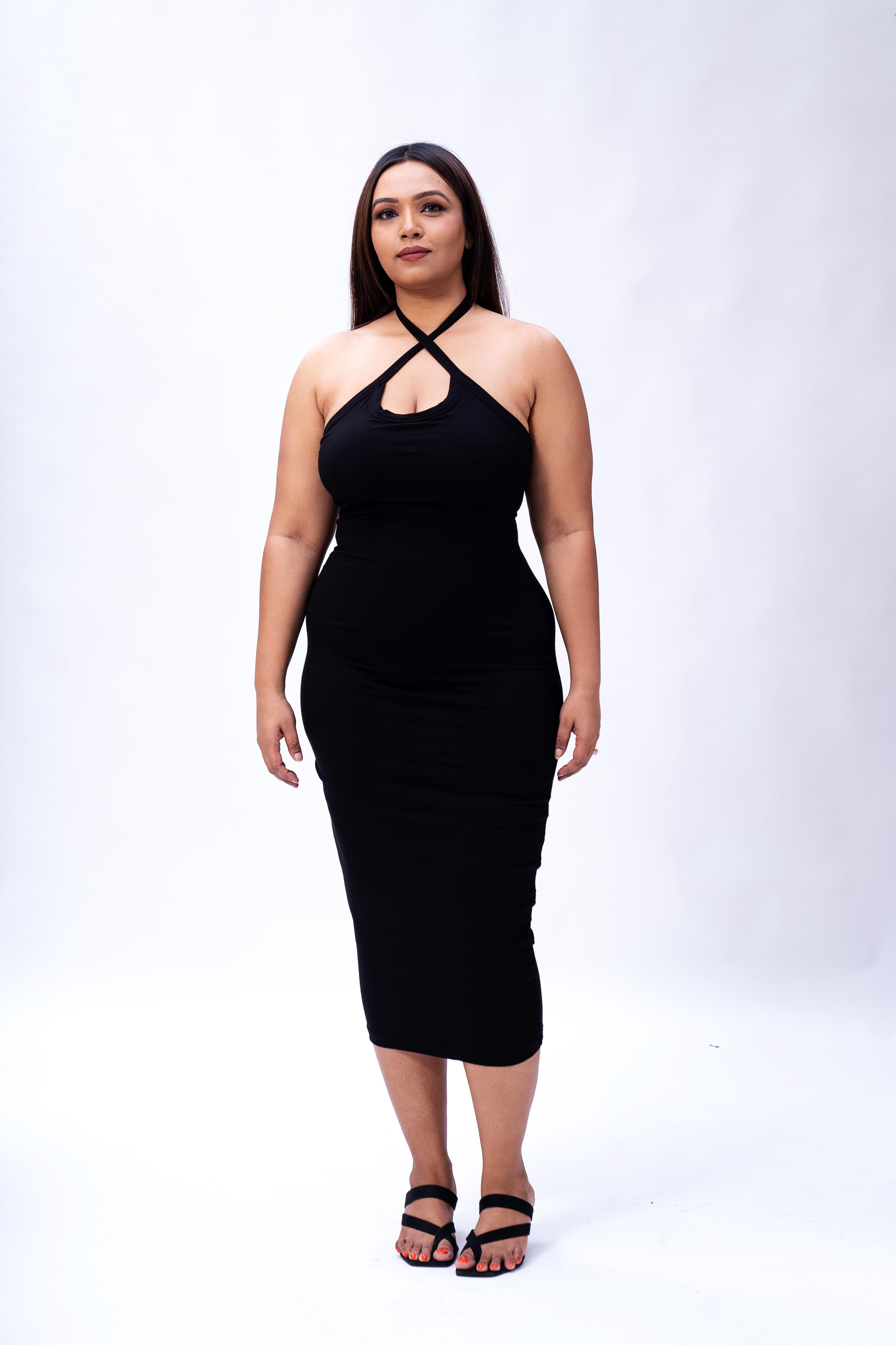 Built In Bra and Shapewear Black Halter Neck 2 Way Dress - XL