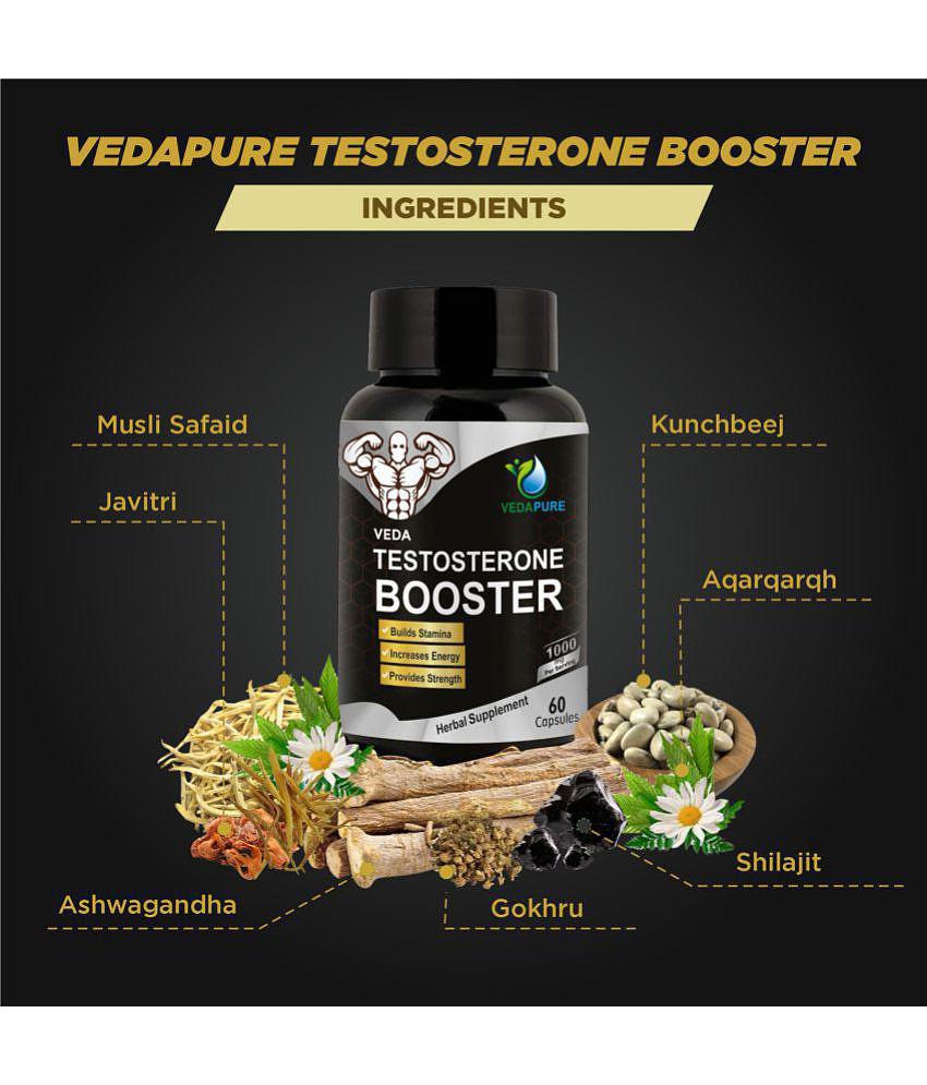 VEDAPURE Testosterone Booster with Tribulus Terrestris, Safed Musli, Ashwagandha, Javitri & Shilajit Extract For Men 1000mg 60 Cap (Pack of 1)