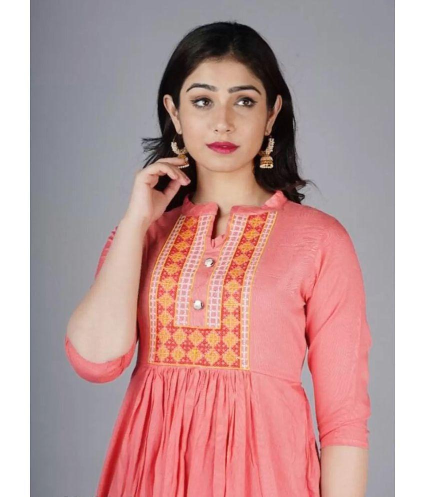 OFLINE SELCTION - Pink Cotton Blend Women's Anarkali Kurti ( Pack of 1 ) - L, Pink