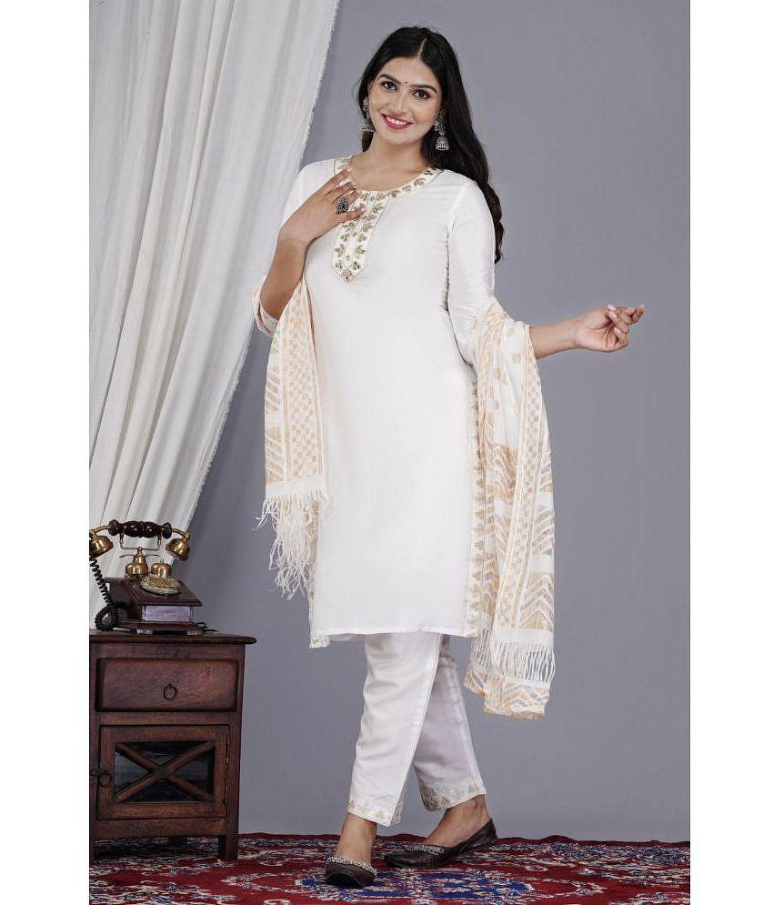 Buy Online Plo EXPORTHOUSE Silk Embellished Kurti With Pants Women's Stitched Salwar Suit - White ( Pack of 1 ) - None