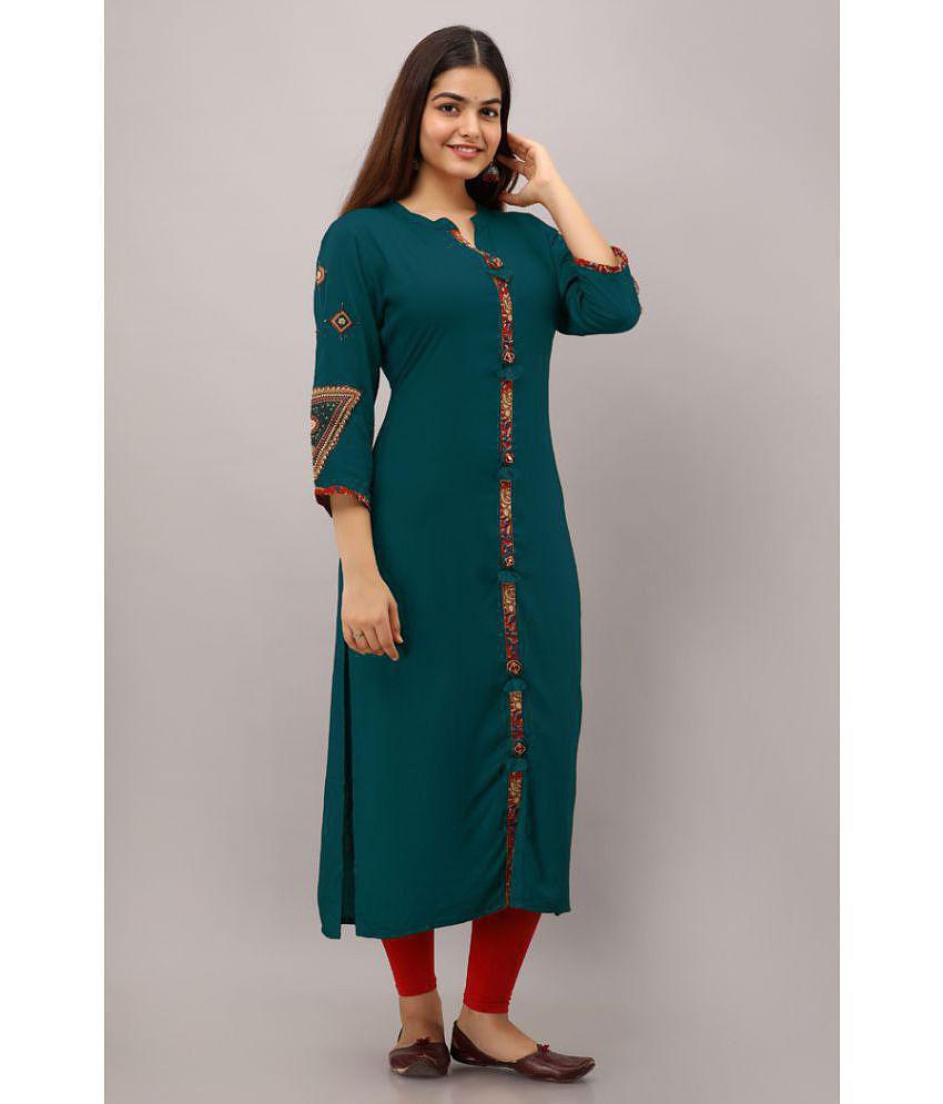 Preksha - Blue Rayon Women's Front Slit Kurti ( Pack of 1 ) - XL, Blue