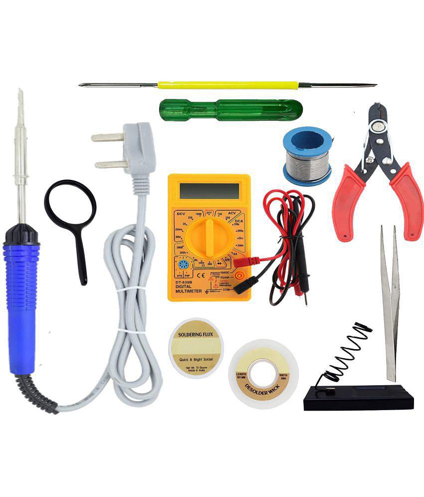 ALDECO: ( 10 in 1 ) Soldering Iron Kit contains- Blue Iron, Wire, Flux, Wick, Stand, 2 in 1 Screw Driver, Tweezer, Lense, Cutter, Digital Multimeter