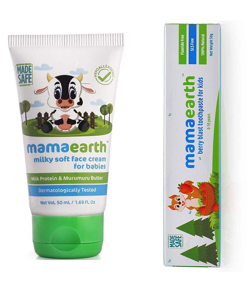 Mamaearth Milky Soft Natural Baby Face Cream for Babies 50mL änd 100 Percent Natural Berry Blast Kids Toothpaste, 50g