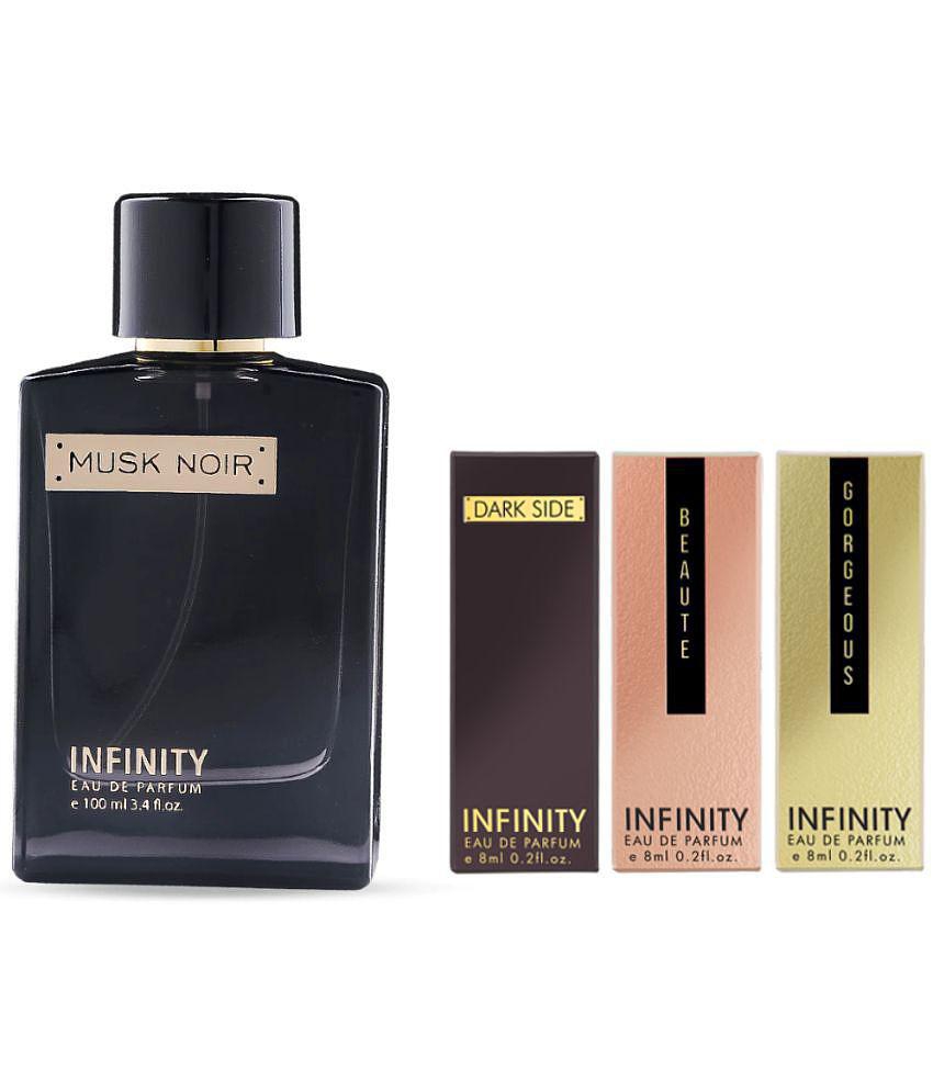 Infinity Musk Noir 100ml Eau De Parfum with (Beaute, Gorgeous, Dark Side) EDP 8ml Each Long Lasting Unisex Premium Gift Set Pack of 4