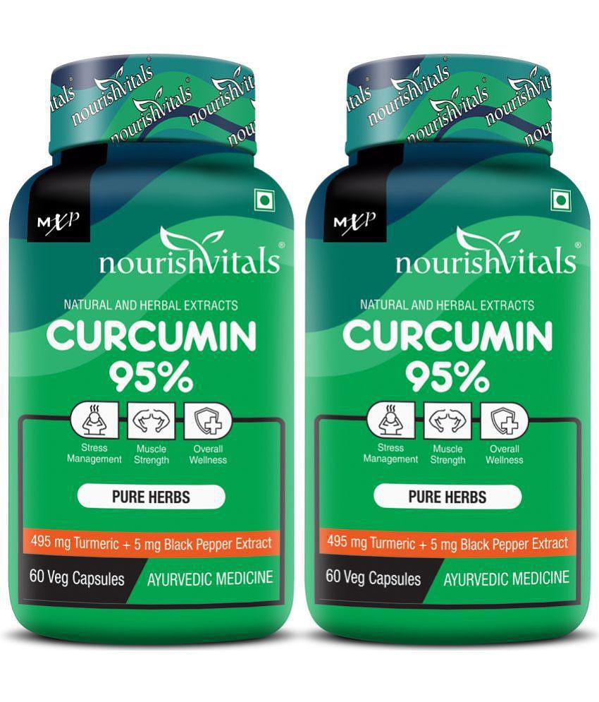 NourishVitals Curcumin 95% Curcuminoids, 500 mg Turmeric with Piperine Extract Supplement, 60 Veg Capsules (Pack Of 2)