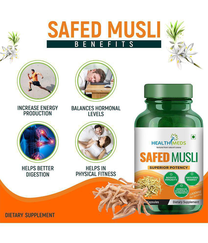 HEALTHMEDS Safed Musli Extract Capsules Supports Immunity, Improves Strength 1000mg - 60 Capsules (Pack of 1)