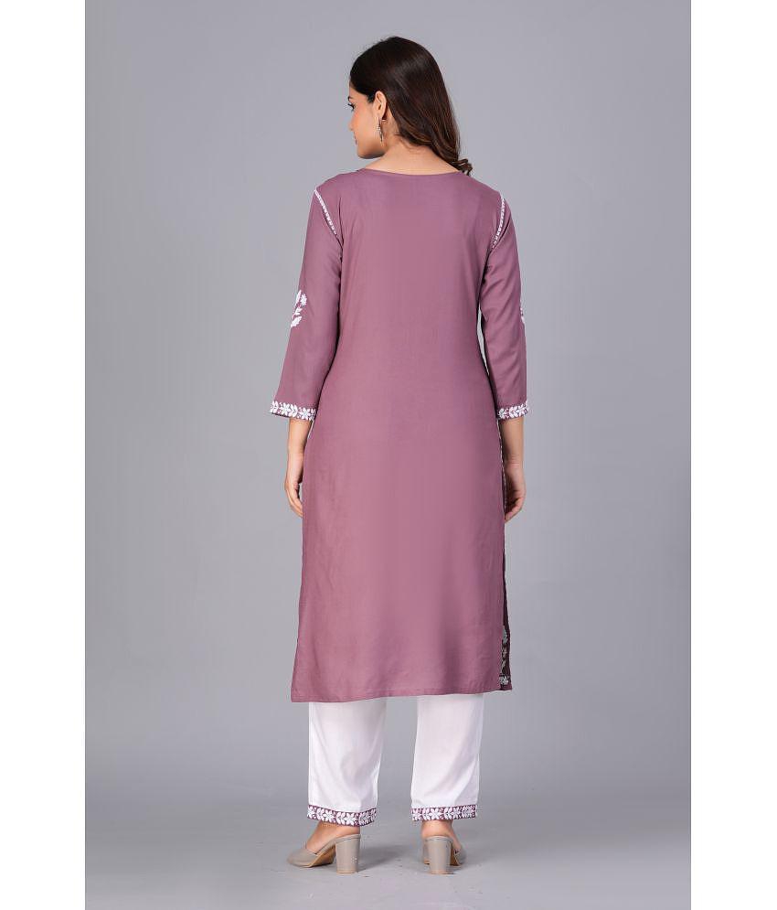 Doriya Cotton Blend Embroidered Kurti With Pants Women's Stitched Salwar Suit - Purple ( Pack of 1 ) - None