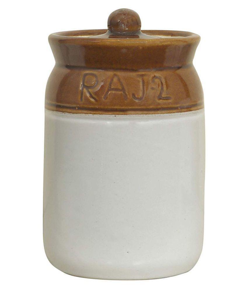 Raj Royal Cream Pottery Hand Painted Ceramic Cornichon Storage Jar for Pickle (Cream 2 KG) - Off White and Brown