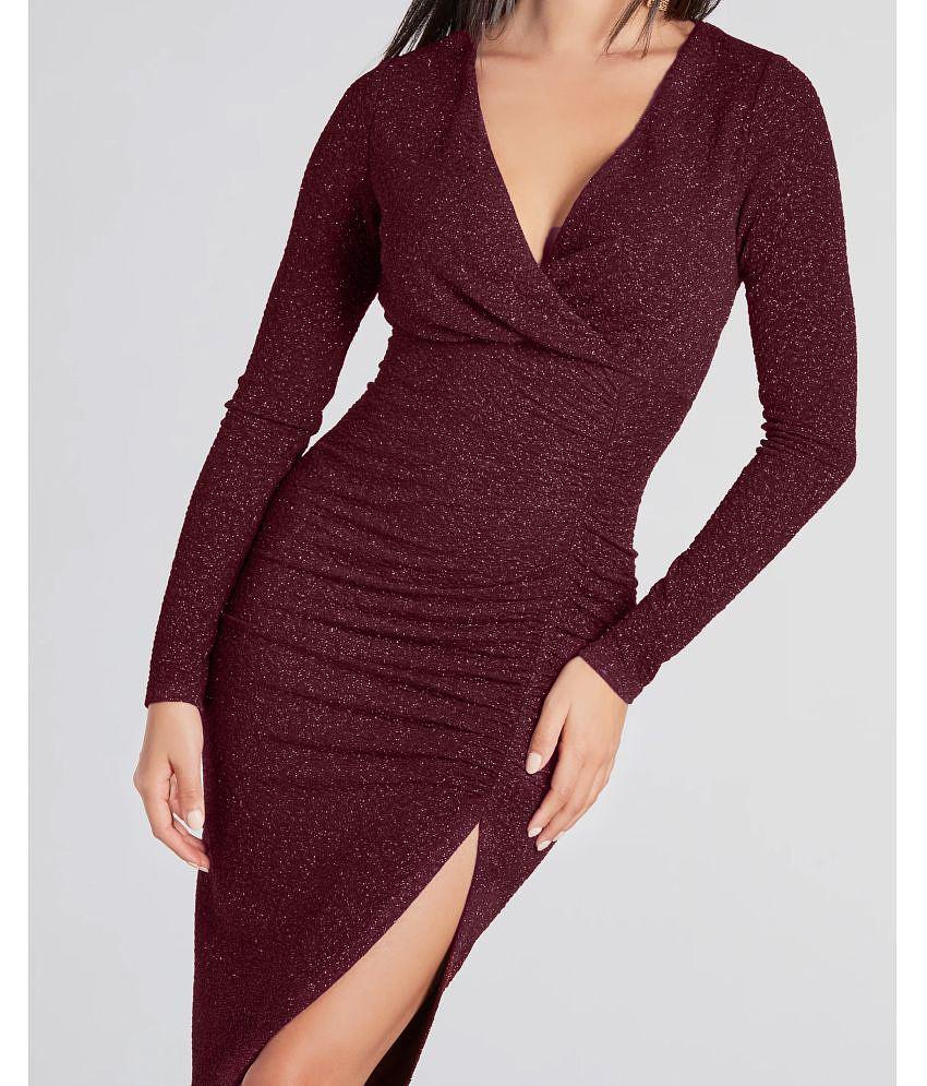 Luxurious Men Addyvero Polyester Self Design Midi Womens Bodycon Dress - Maroon ( Pack of 1 ) - 