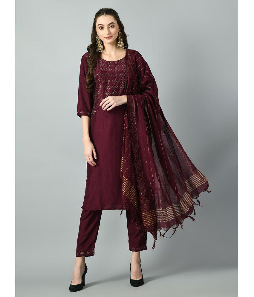 PrettyPlus by Desinoor.com Silk Blend Embellished Kurti With Pants Women''s Stitched Salwar Suit - Wine ( Pack of 1 ) - None