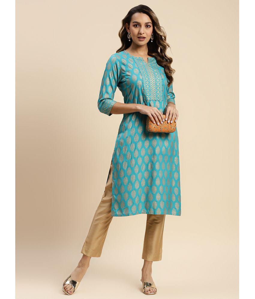 Rangita Women Rayon Turquoise Gold Printed Knee Length Straight Kurti - XXL, Turquoise