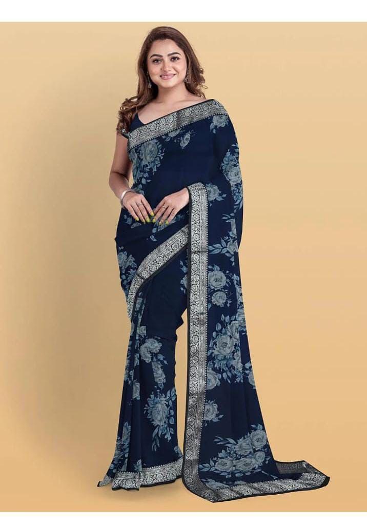 J J ENTERPRISES Womens Georgette Printed Saree with Blouse Piece | Saree With Unstitched Blouse | - Blue - Blue