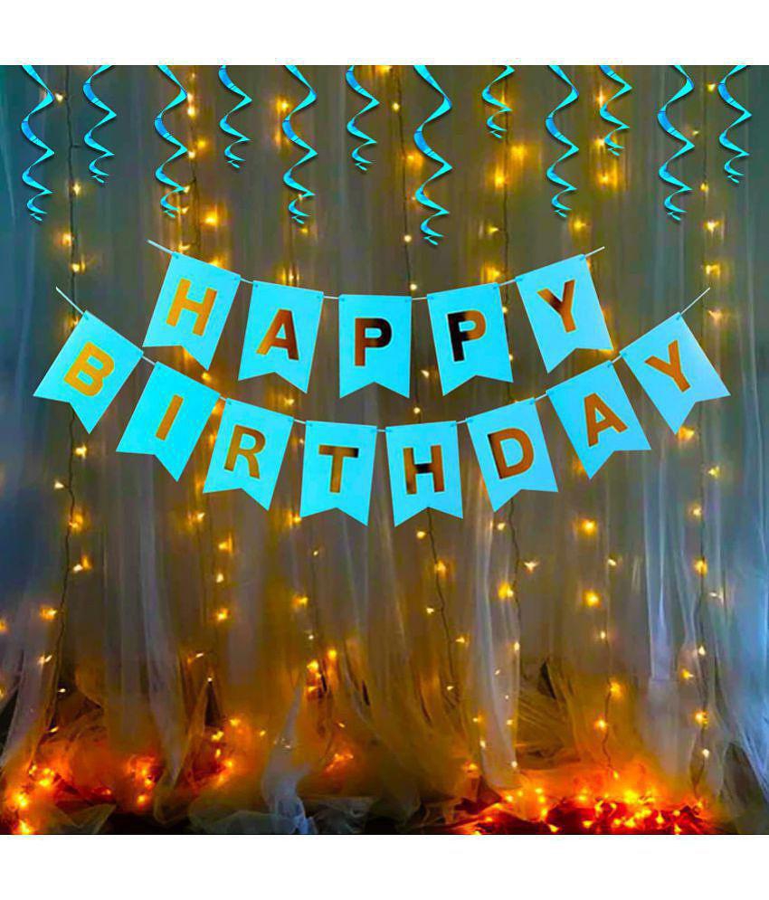 Party Propz Happy Birthday Decoration Kit Items Combo - 14Pcs for Kids Boys Adult Men Husband, Banner, Swirls With Fairy Light - Multi-Color