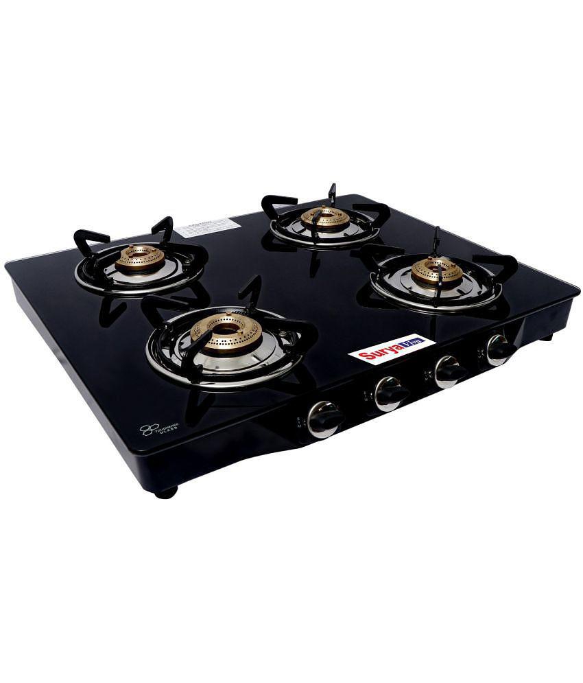 Suryaviva Nano 4B Ms Bk Toughened Glass 4 Cast Iron Burner Gas Stove(Manual Ignition,Black)