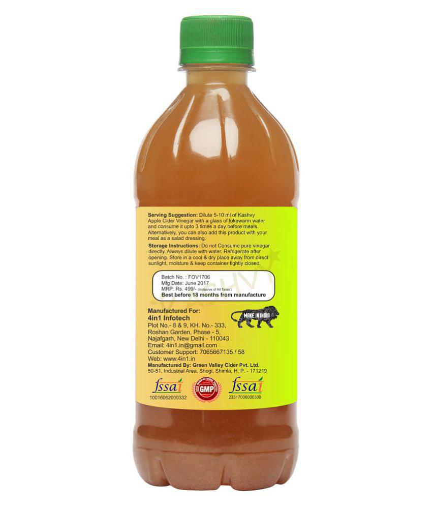 Kashvy Apple Cider Vinegar with Mother of Vinegar, 500 ml Unflavoured Single Pack