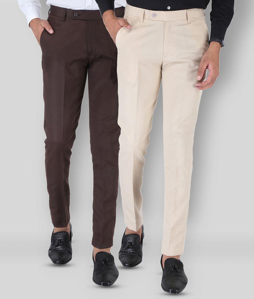 SREY - Coffee Polycotton Slim - Fit Men's Formal Pants ( Pack of 2 ) - None