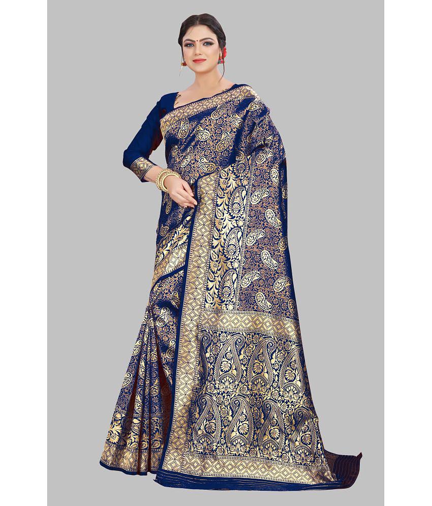 Om Shantam Sarees - Navy Blue Art Silk Saree With Blouse Piece ( Pack of 1 ) - Navy Blue