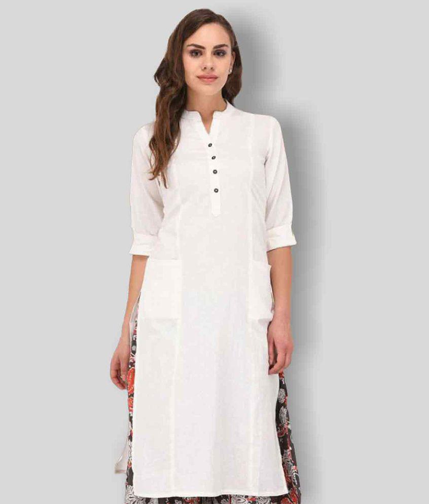 Pistaa - White Cotton Women's Straight Kurti ( Pack of 1 ) - M, Green