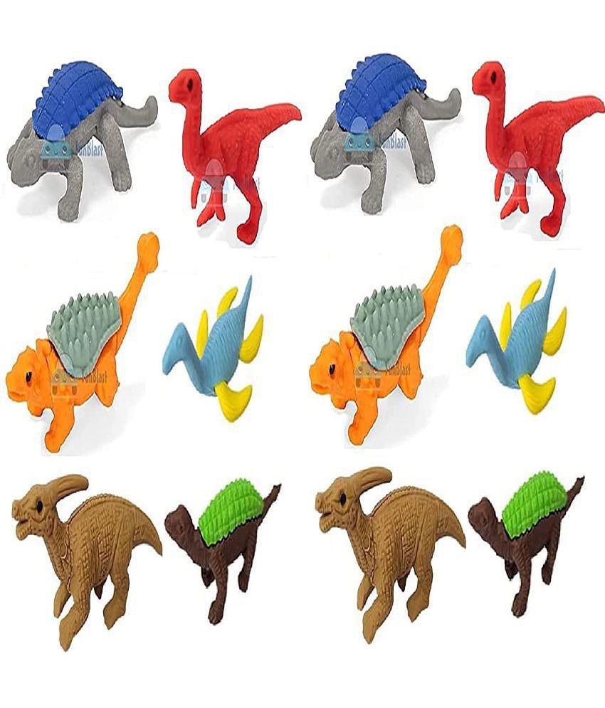 FunBlast (Pack of 12 Pcs) Dinosaur Theme Erasers Set for Kids Educational Stationary Kit for Kids (Multicolor)