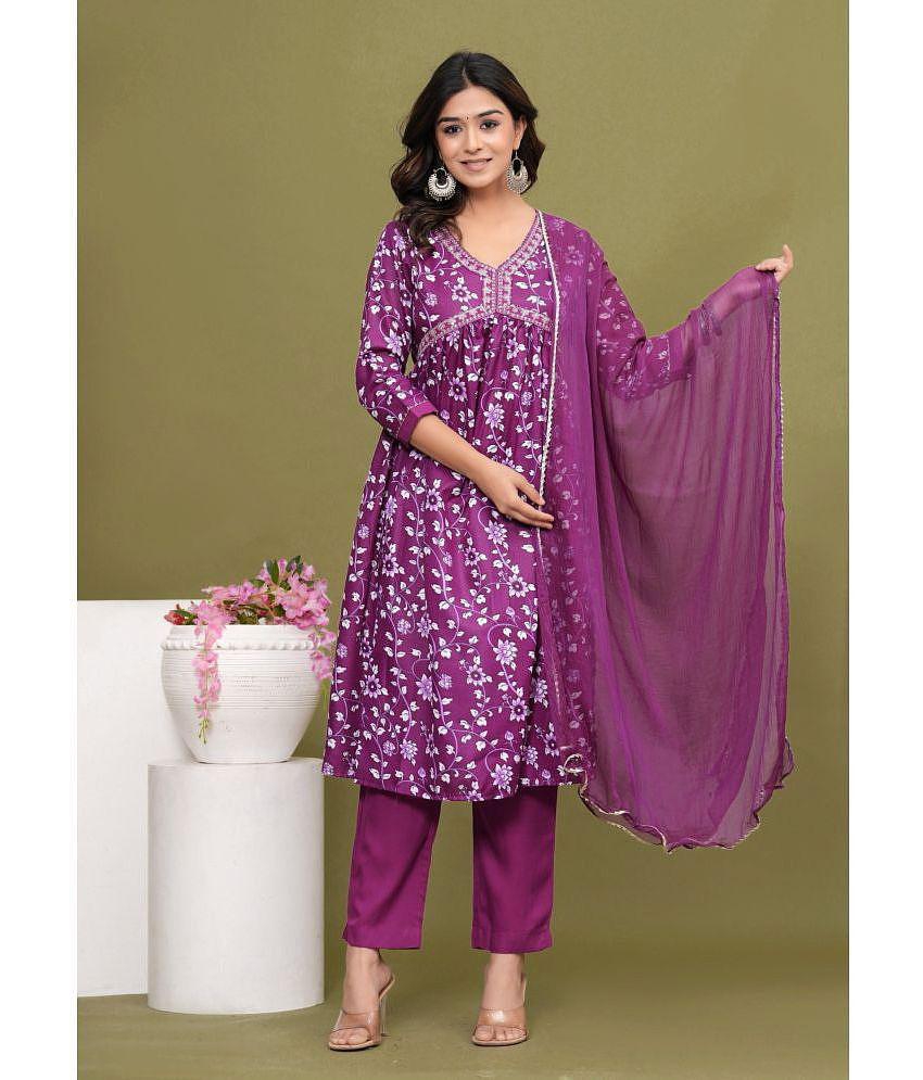 Glorious Rayon Printed Kurti With Pants Womens Stitched Salwar Suit - Purple ( Pack of 1 ) - None