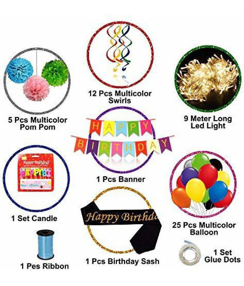 Party Propz Multicolour Birthday Decoration kit Combo Items - 48 Pcs Set With Happy Bday Sash, Pom pom, Metallic Balloons, Birthday Banner Ribbon with Fairy Light For Kids, Husband, Boys, Gi