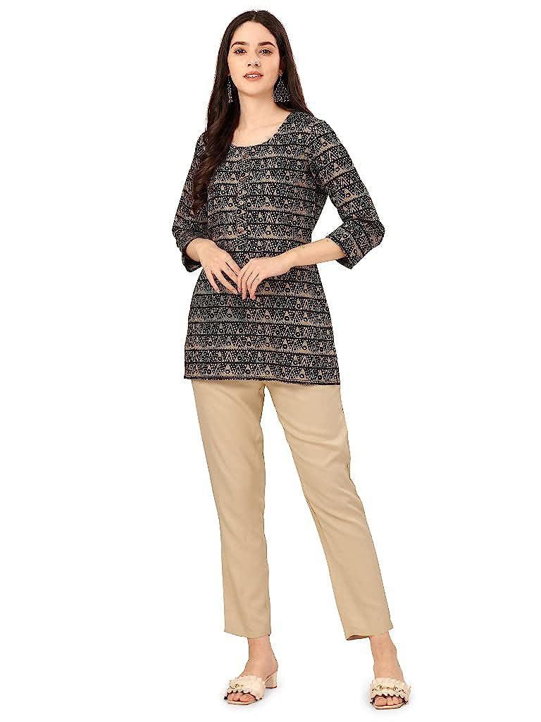 VEEKEEDA Womens Regular Printed Round Neck Straight PV Chanderi Stitched Short Fancy Kurti with Plain Rayon Cotton Bottom - None