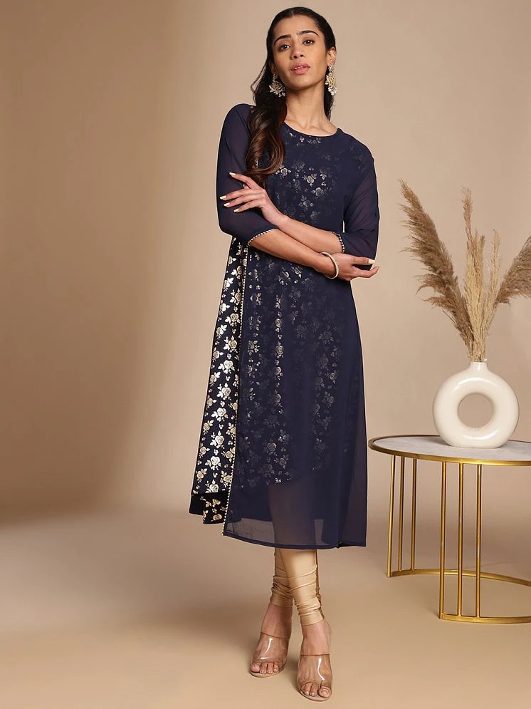 Buy Online Plo Janasya Crepe Printed A-line Womens Kurti - Navy Blue ( Pack of 1 ) - None