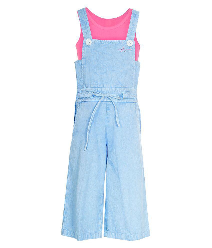 Naughty Ninos - Light Blue Cotton Girls Dungarees ( Pack of 1 ) - None