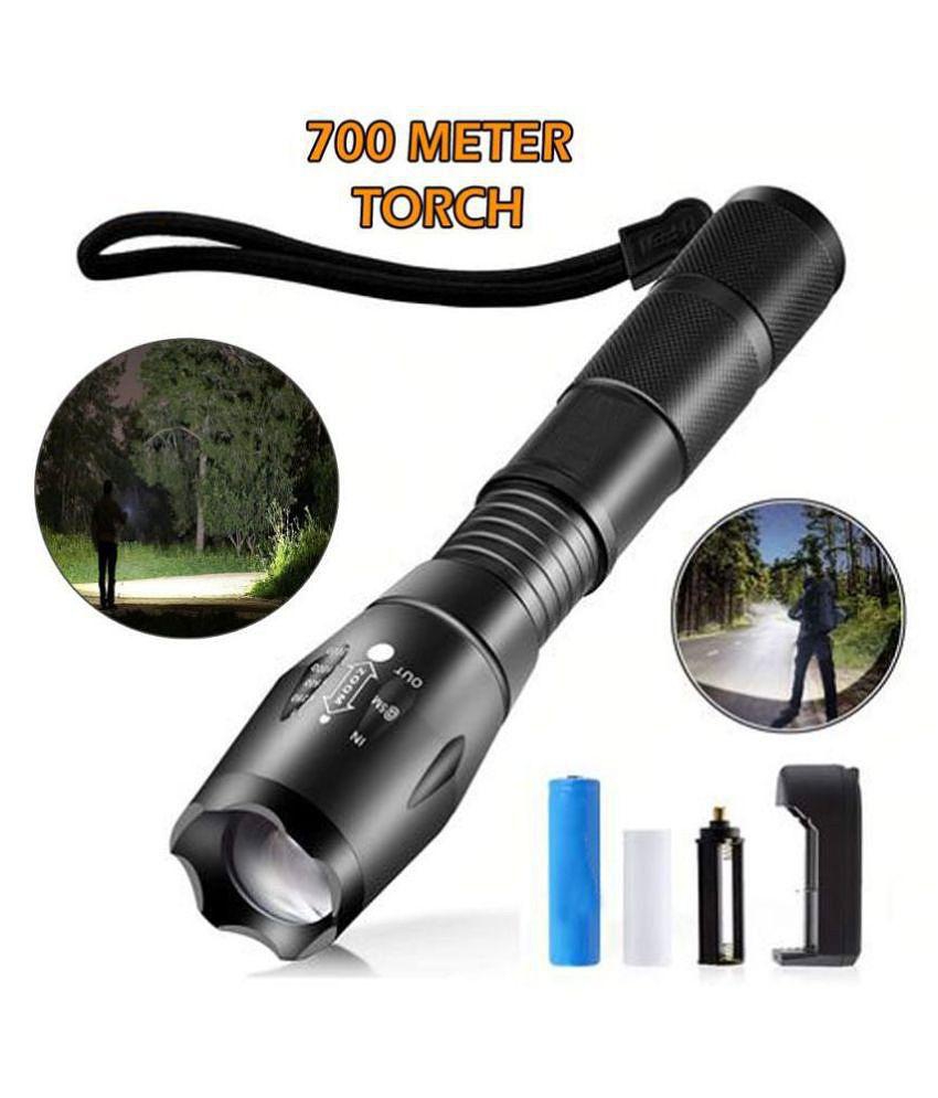 700mtr Rechargeable 5 Mode LED Waterproof Long Beam Metal Torch 12W 12W Emergency Light Torch Zoomable Black - Pack of 1