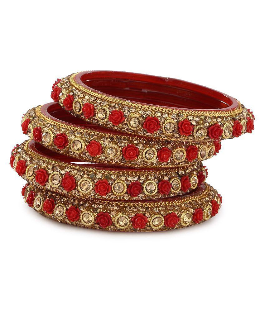 Best Men Party Glass Bangle Set Ornamented With Beads For Spaical Look (Pack Of 4 Red Shining & 