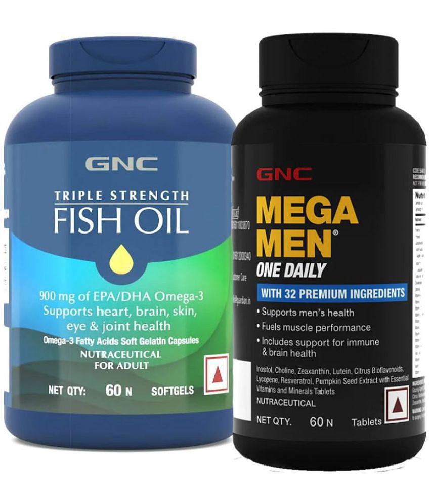 GNC Triple Strength Fish Oil- 60 Softgels & GNC Mega Men One Daily Multivitamin for Men- 60 Tablets (Combo)