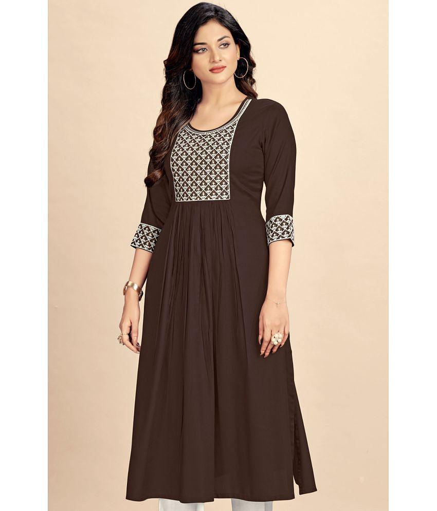 Glomee Rayon Embroidered Nayra Women's Kurti - Brown ( Pack of 1 ) - None