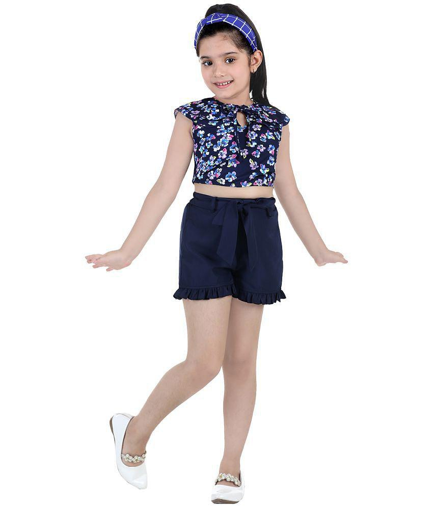 Naughty Ninos Girls Navy Blue Floral Printed Top with Short - None