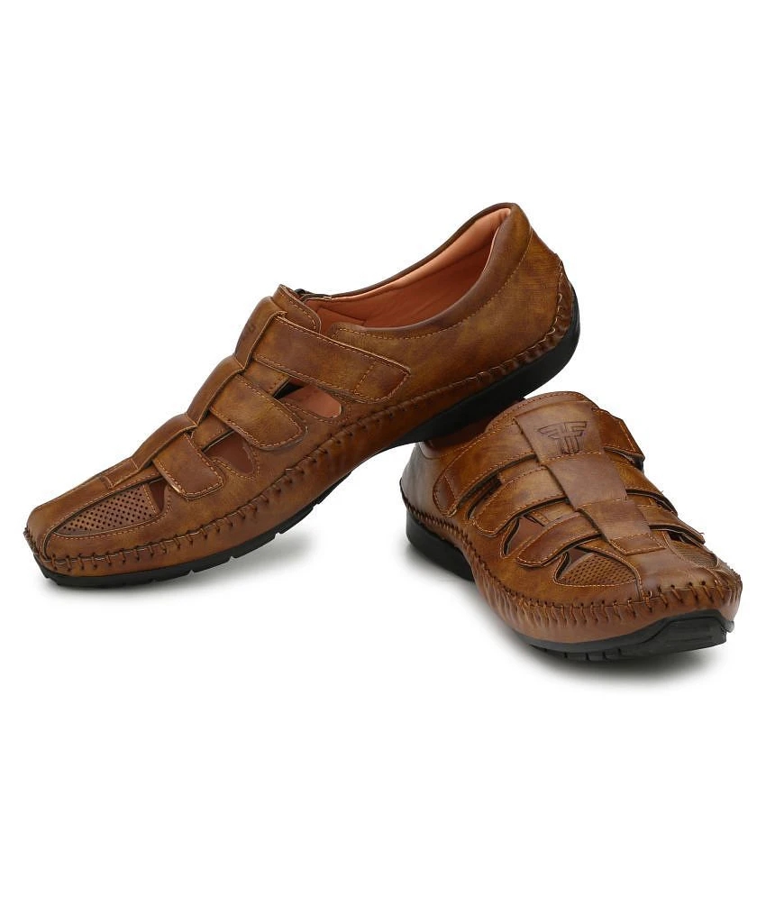 Trendy Men Fashion Victim Tan Faux Leather Sandals - 13 2025 at ShopCircuit | ONDC