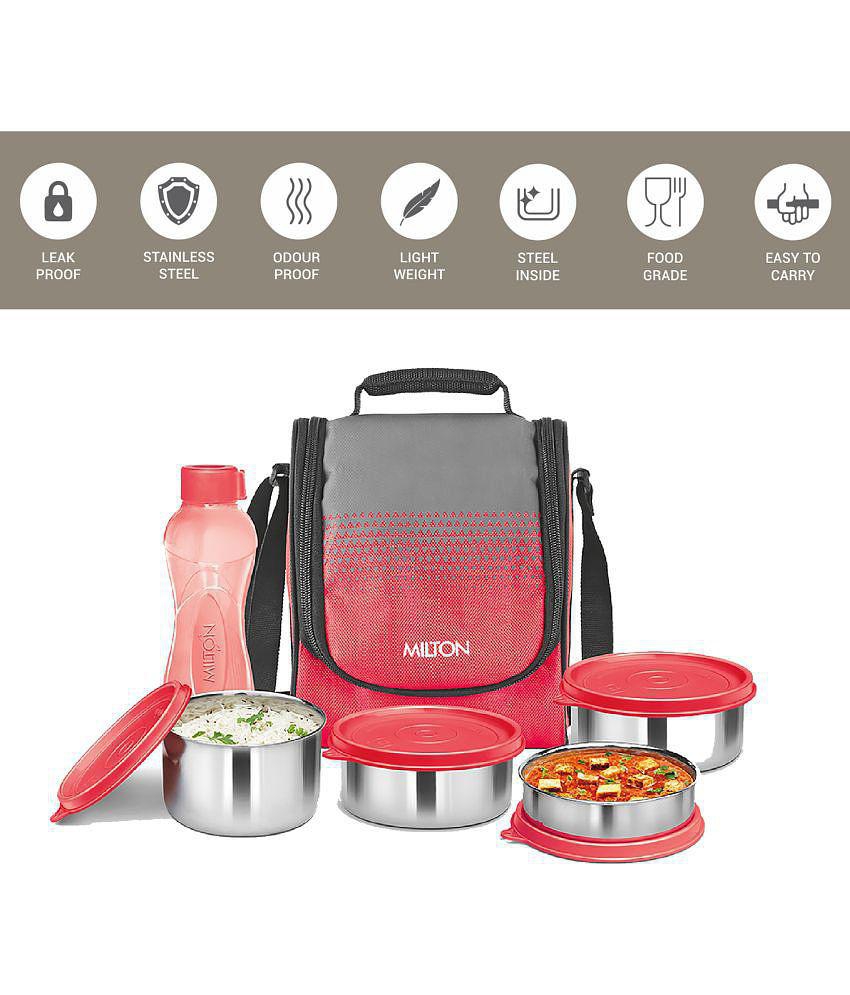 Milton Tasty 4 Stainless Steel Combo Lunch Box with Bottle, Red