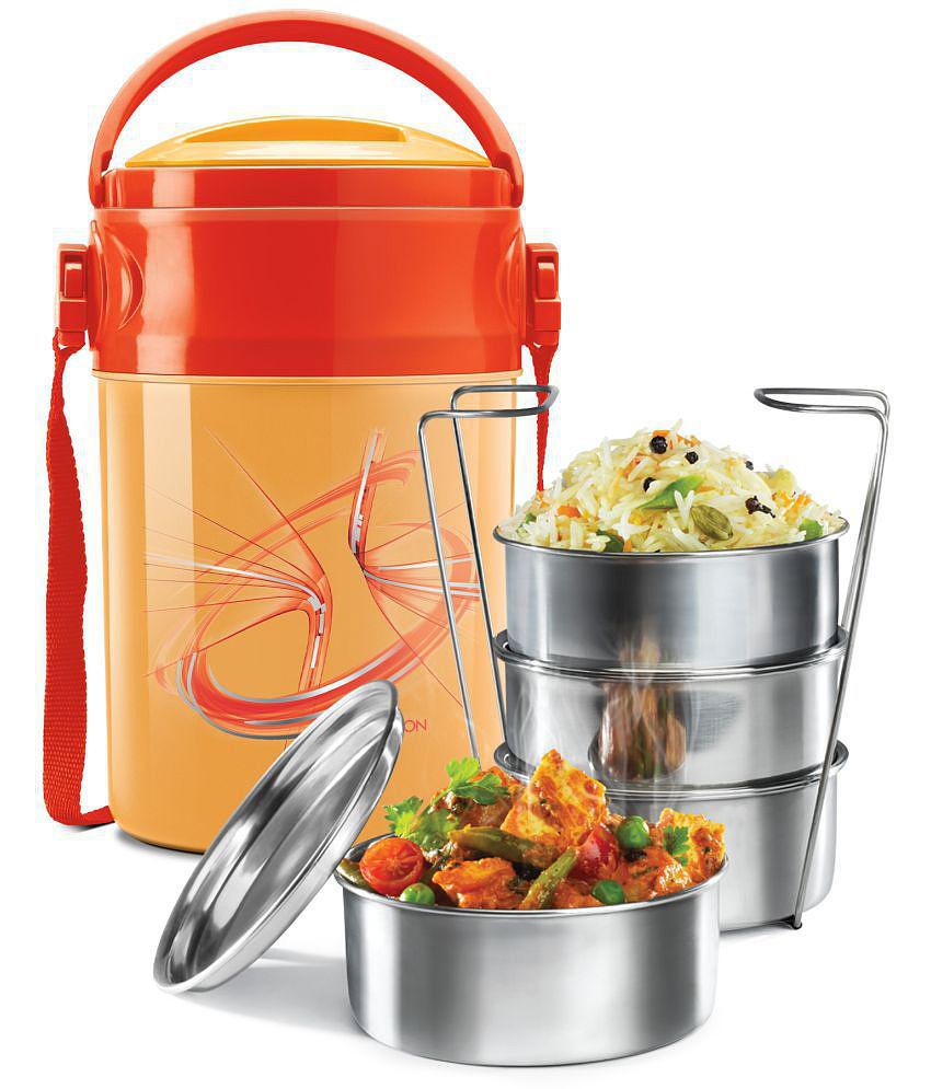 Milton Odyssey Insulated Tiffin, 4 Stainless Steel Containers, 380 ml Each and 1 Papad Box, 200 ml, Orange